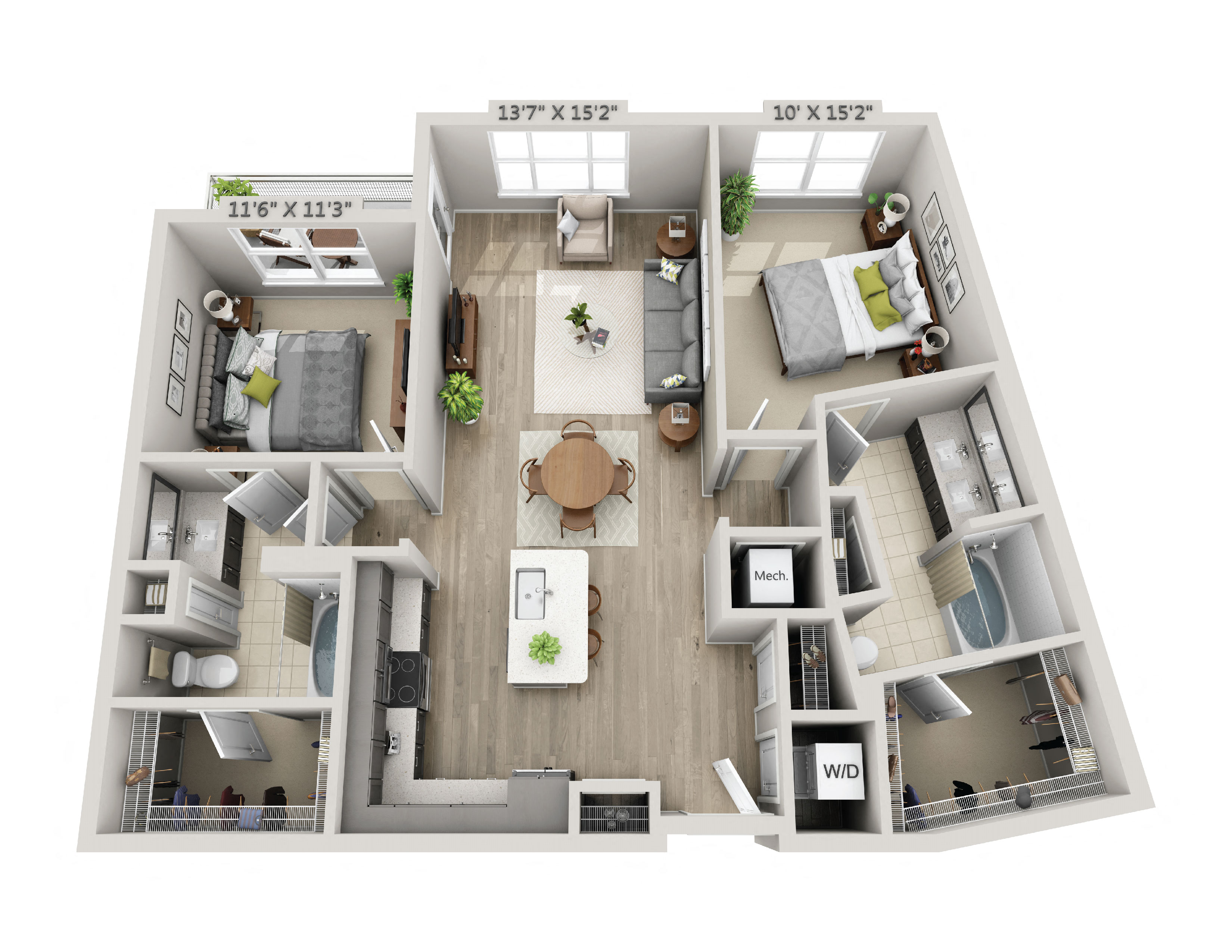 Floor plan for 2 beds, 2 baths, 1156 sqft